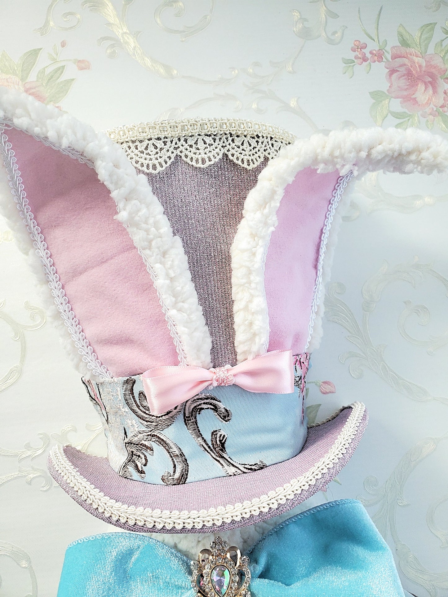 Blue Pink Brocade Victorian Easter Bunny Wreath Attachment
