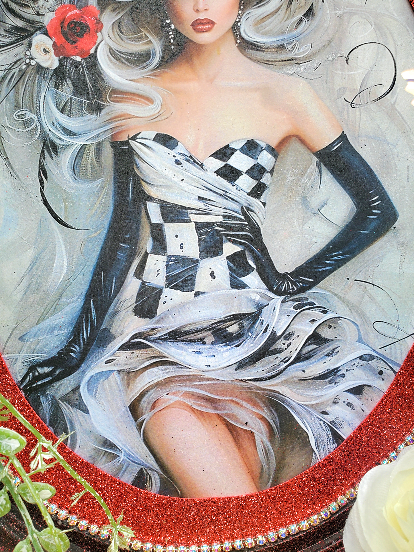 Floral Wall Frame with Woman Print, Black and White Checkered Theme, Red, White Flowers, Modern Art, Home Gift, Artistic Home Decor