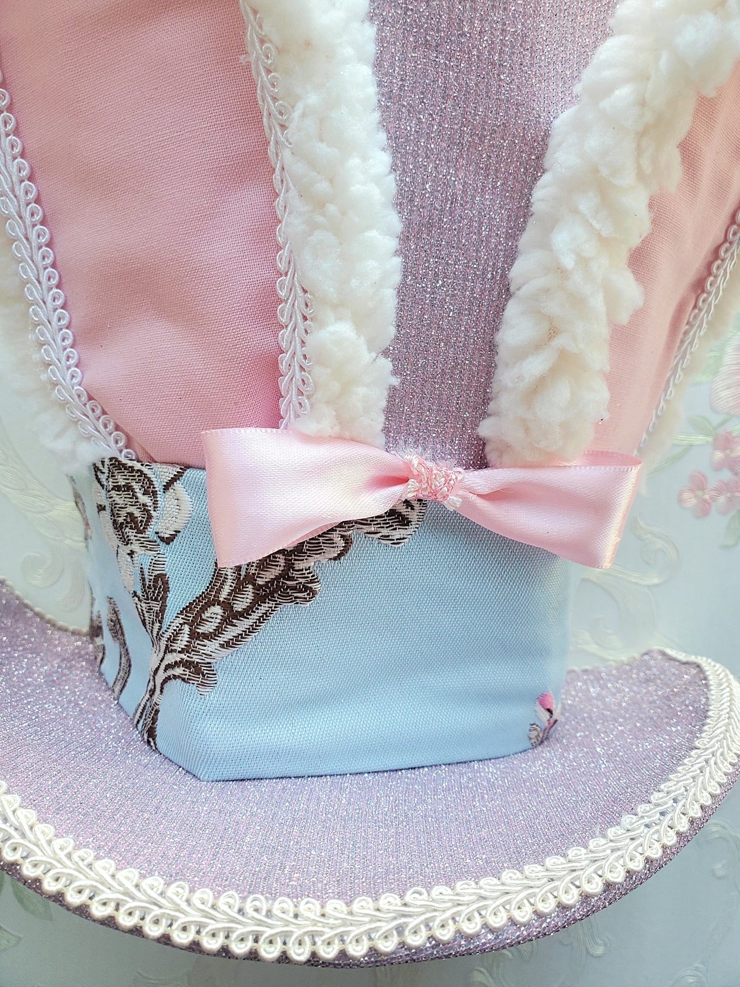Pink and Blue Brocade Easter Bunny Hat Wreath Attachment