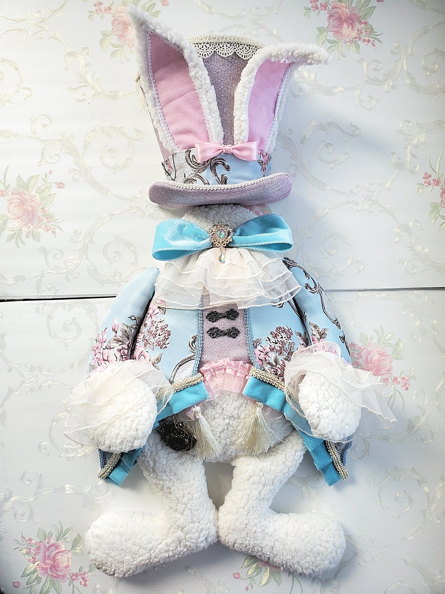 Blue Pink Brocade Victorian Easter Bunny Wreath Attachment