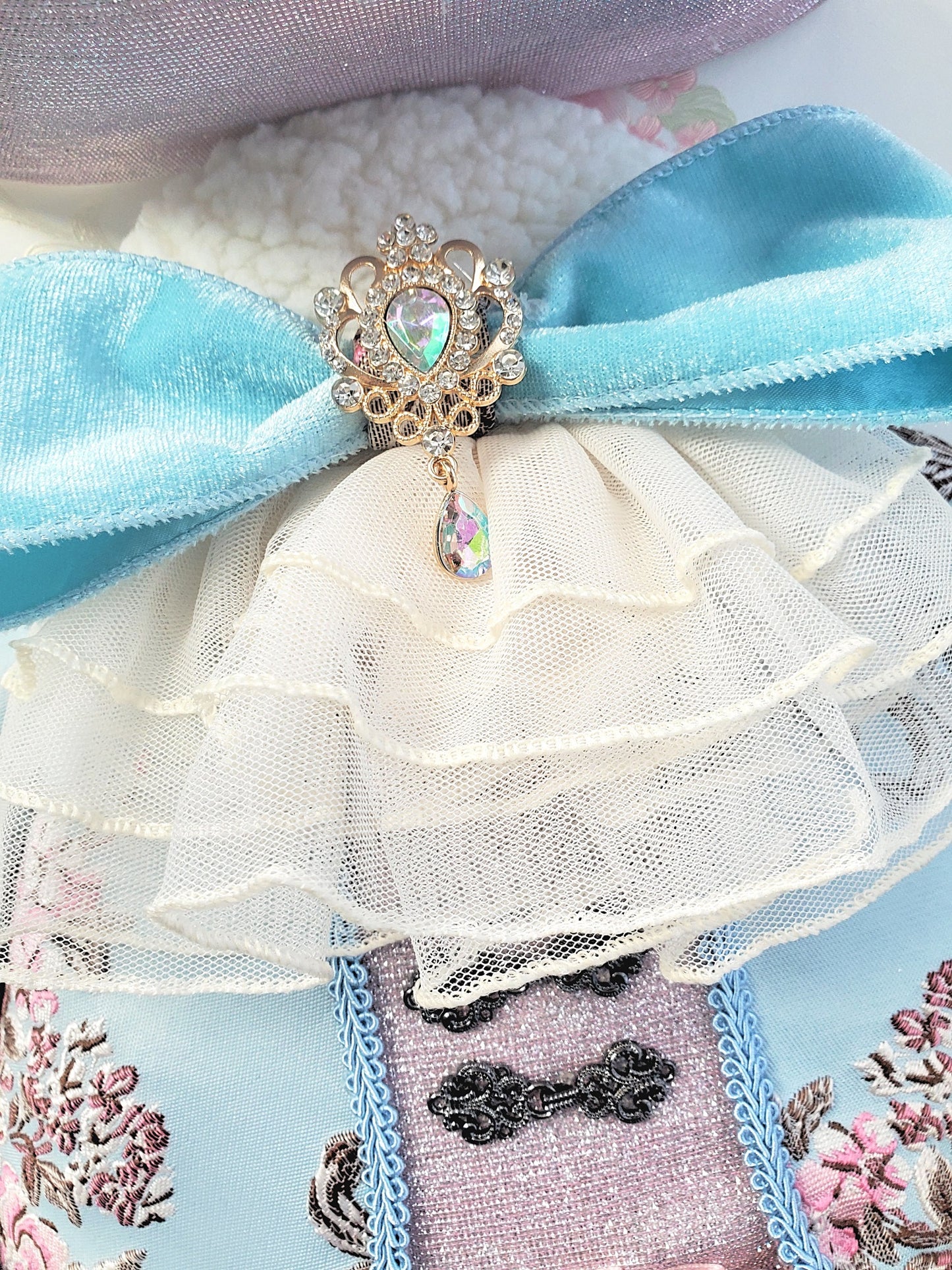 Blue Pink Brocade Victorian Easter Bunny Wreath Attachment