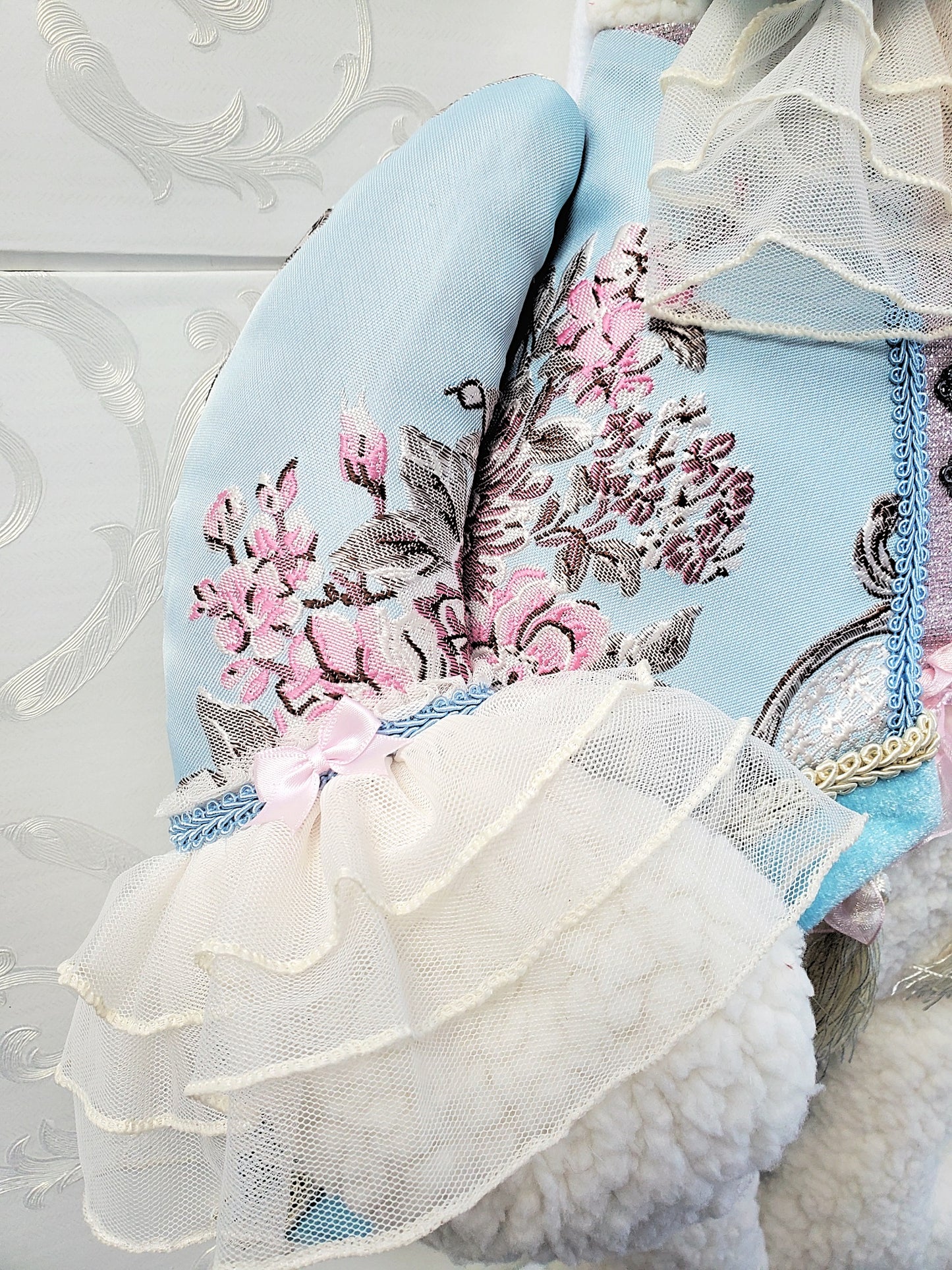 Blue Pink Brocade Victorian Easter Bunny Wreath Attachment