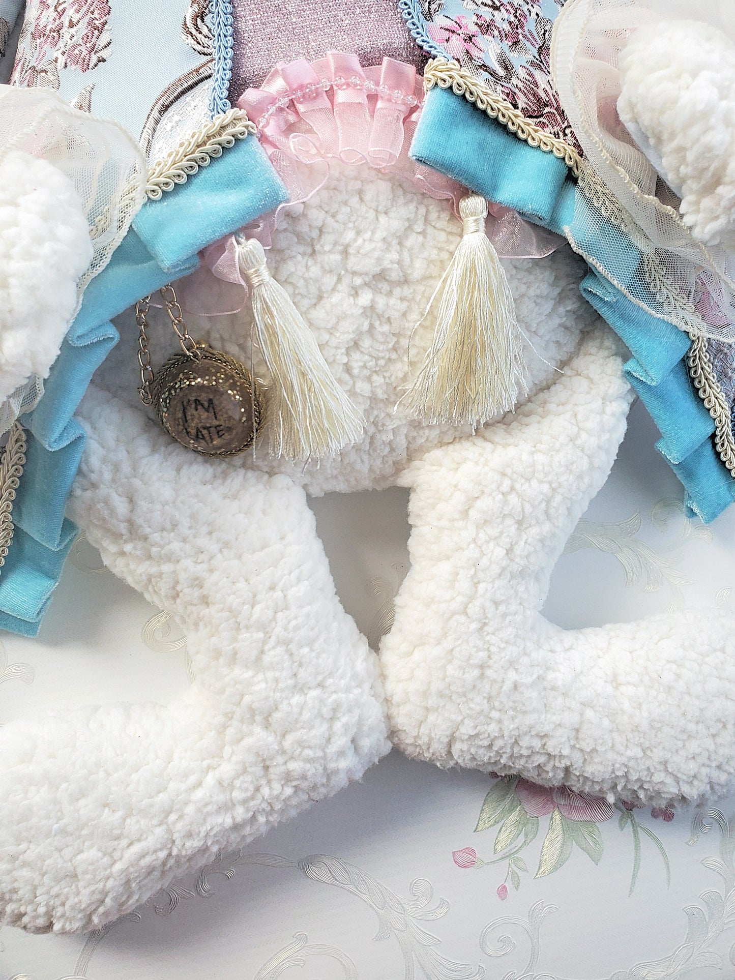 Blue Pink Brocade Victorian Easter Bunny Wreath Attachment