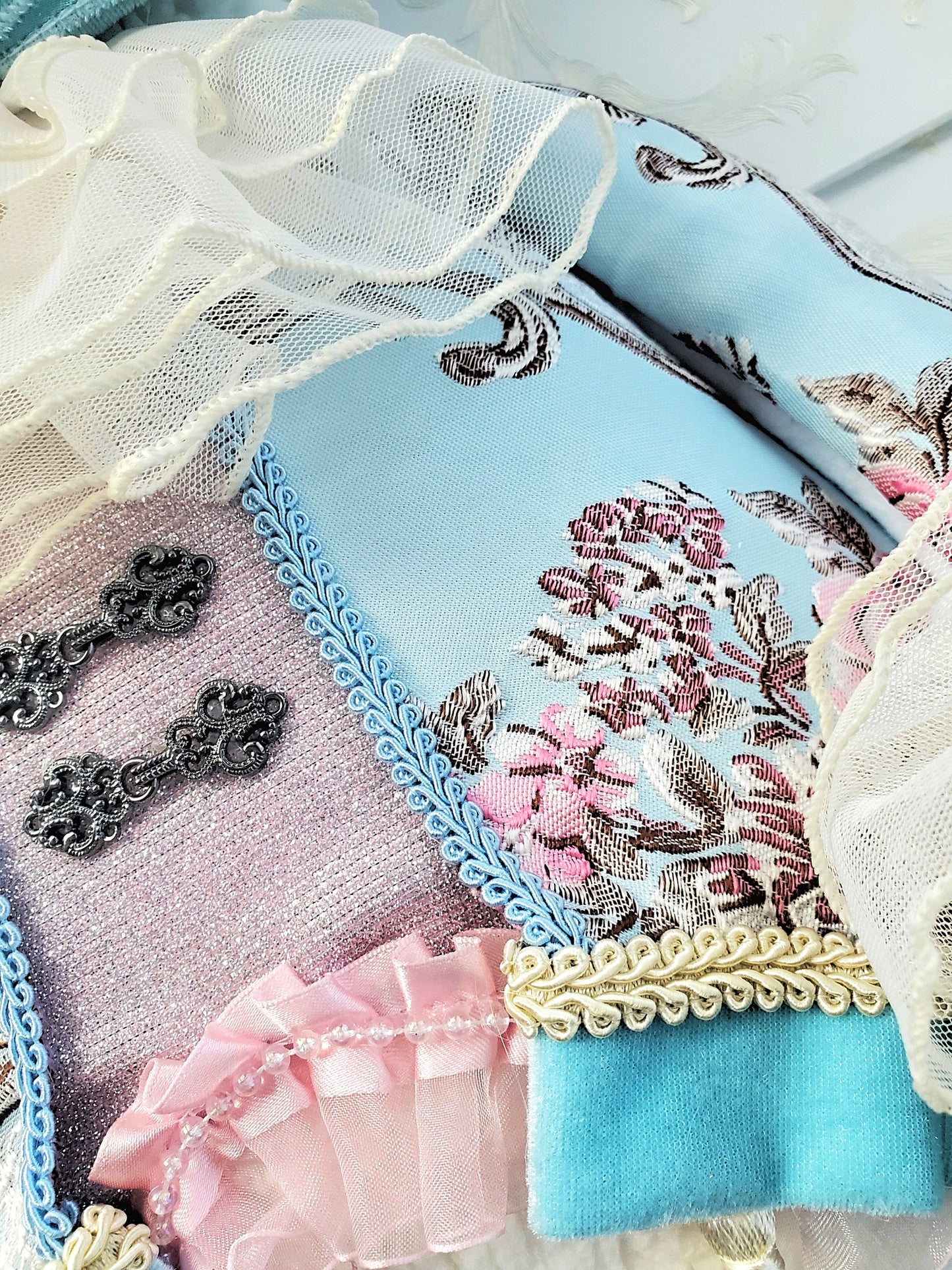 Blue Pink Brocade Victorian Easter Bunny Wreath Attachment