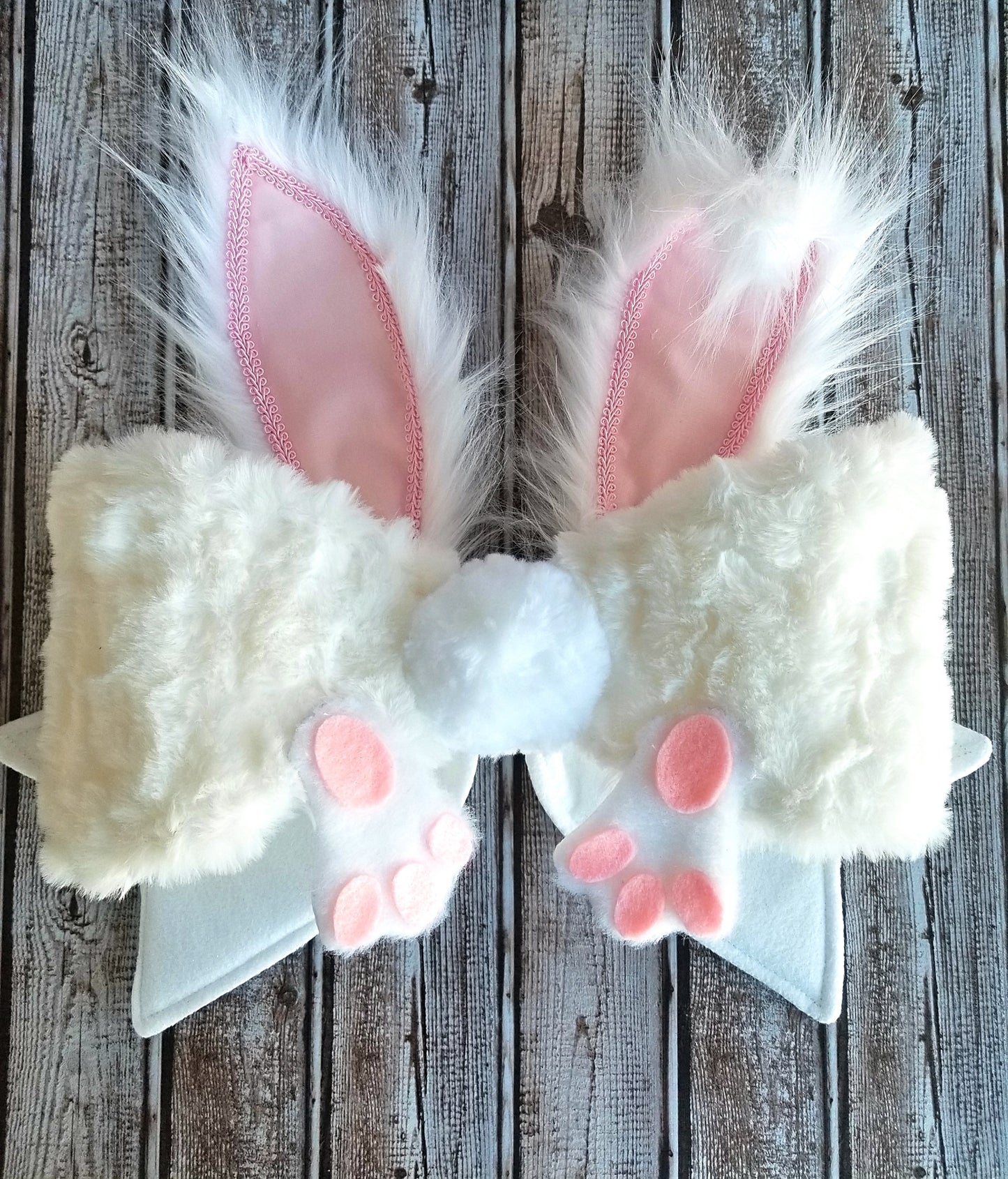White Fake Fur Bunny Rabbit Wired Fabric Bow