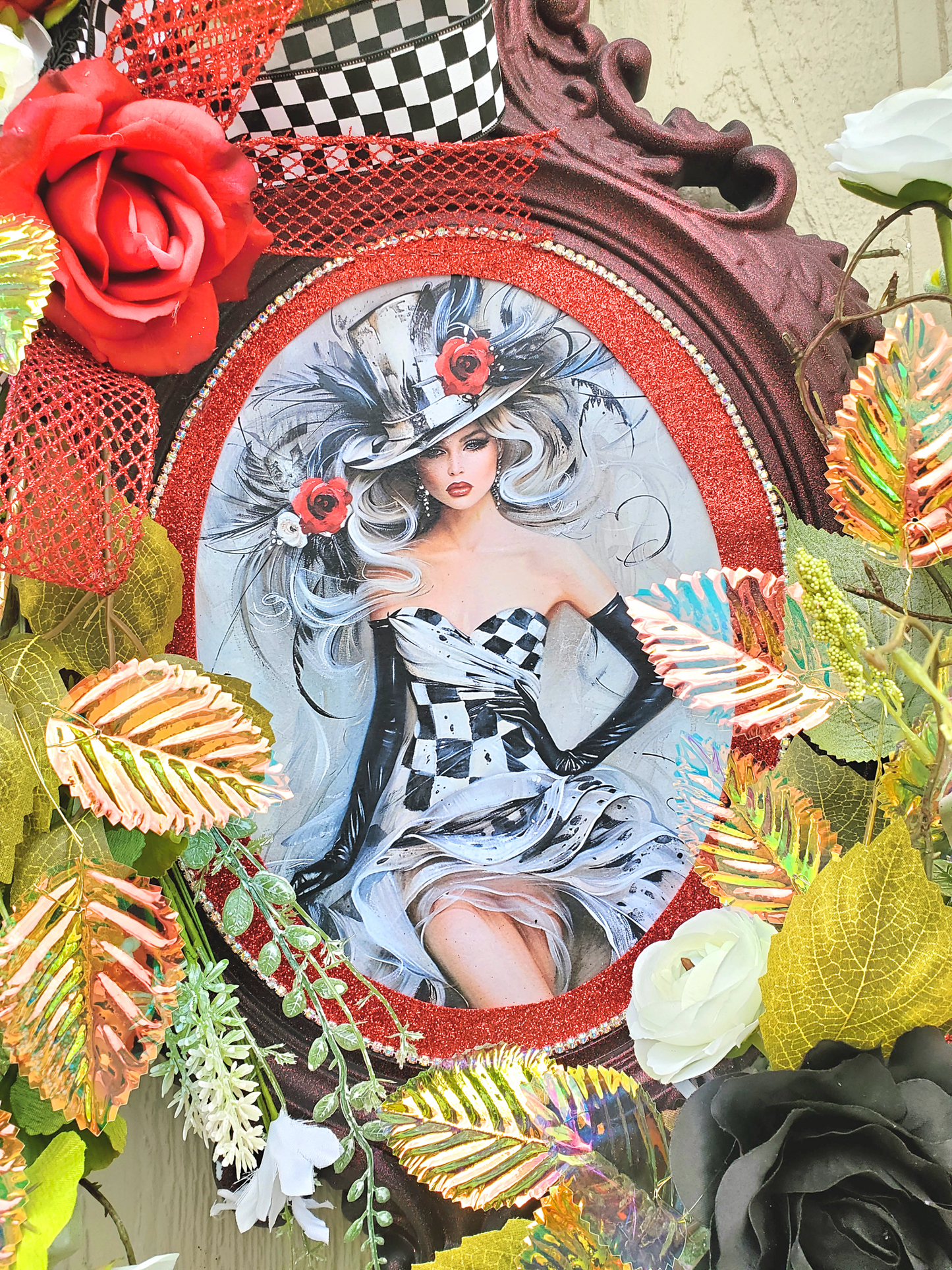 Floral Wall Frame with Woman Print, Black and White Checkered Theme, Red, White Flowers, Modern Art, Home Gift, Artistic Home Decor