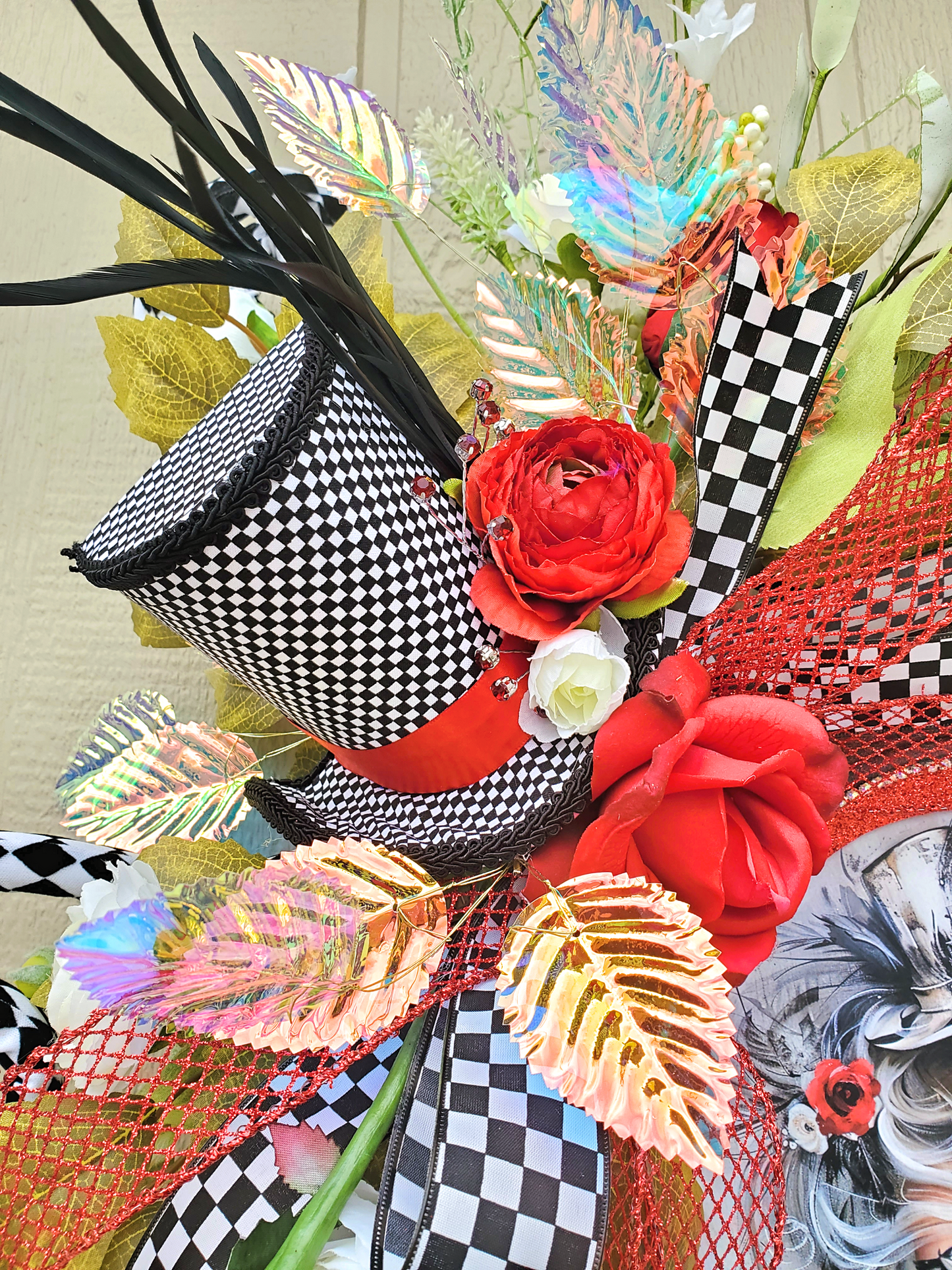Floral Wall Frame with Woman Print, Black and White Checkered Theme, Red, White Flowers, Modern Art, Home Gift, Artistic Home Decor
