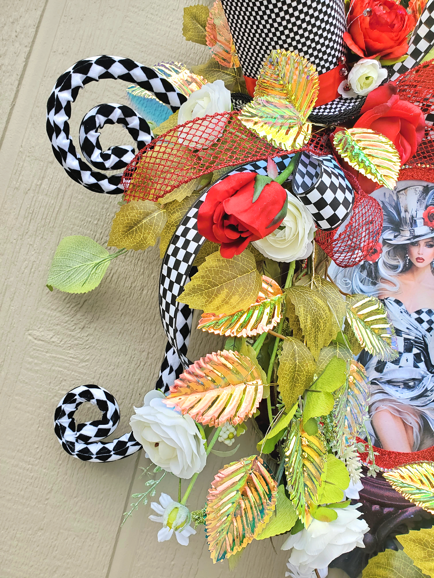 Floral Wall Frame with Woman Print, Black and White Checkered Theme, Red, White Flowers, Modern Art, Home Gift, Artistic Home Decor