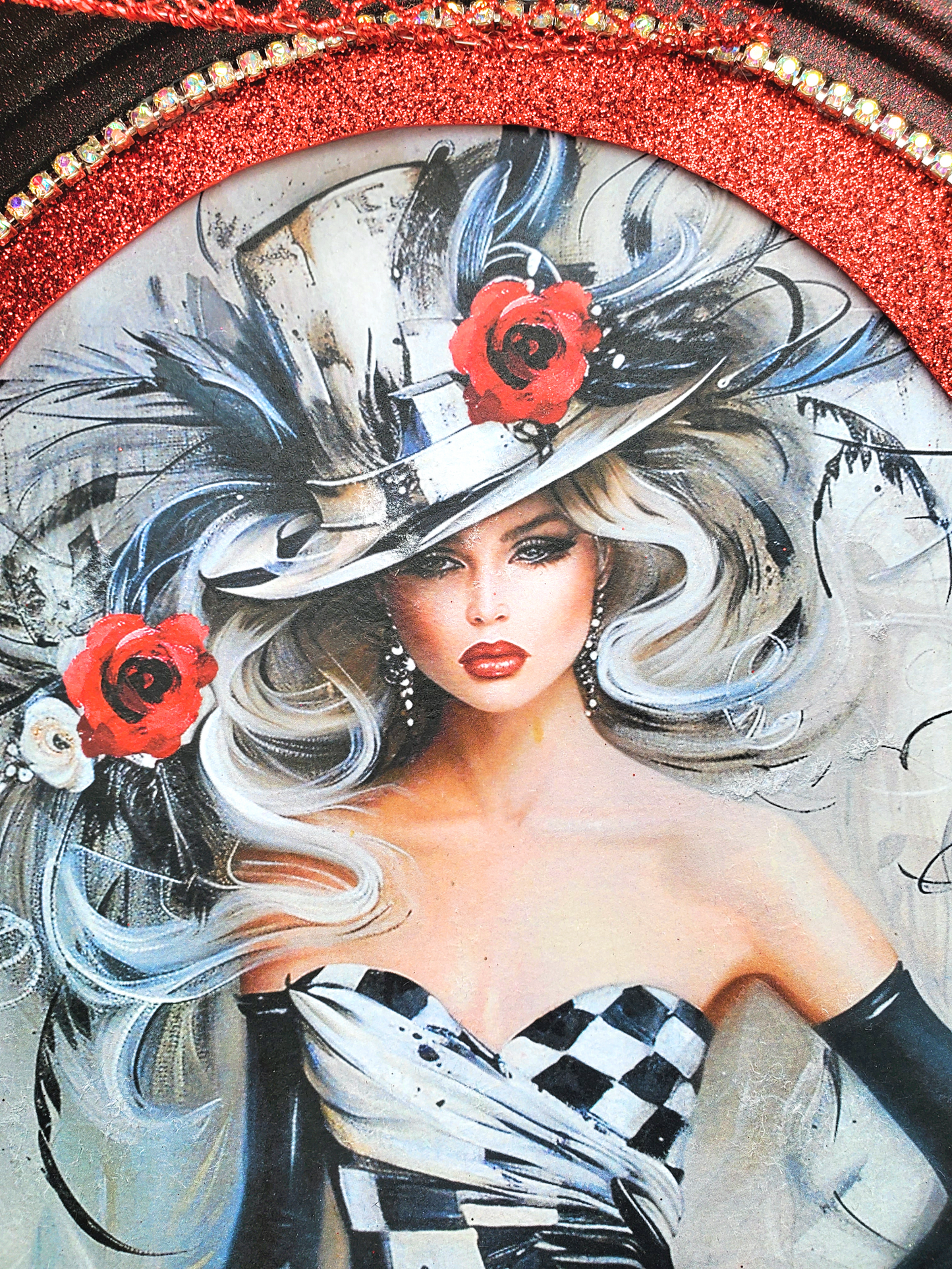 Floral Wall Frame with Woman Print, Black and White Checkered Theme, Red, White Flowers, Modern Art, Home Gift, Artistic Home Decor