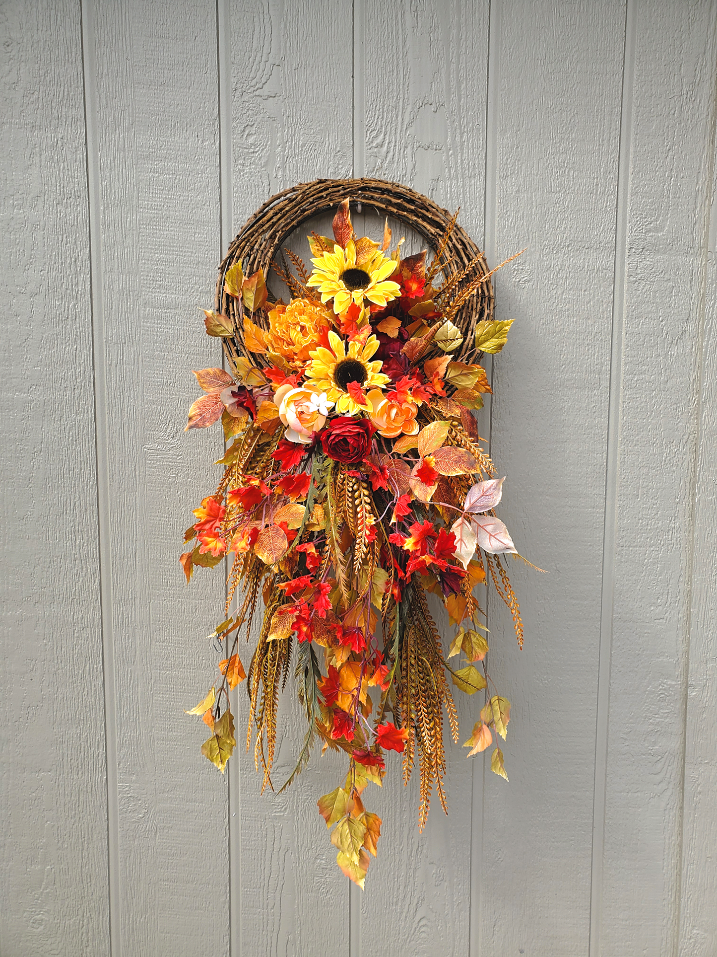 Fall Grapevine Wall Basket with Sunflowers, Fall Foliage, Fall Wall Decor, fall decor home decor Rustic Fall Wall Hanger, Fall Decor