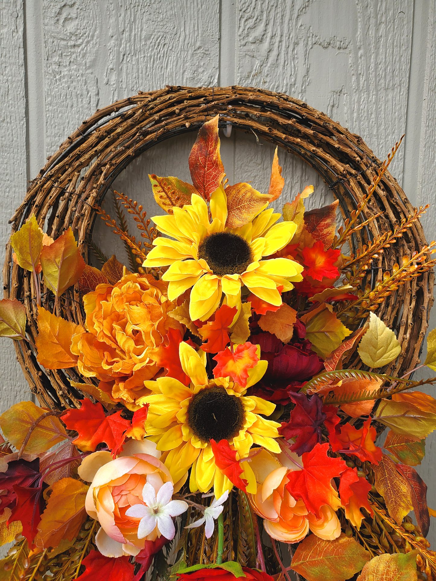 Fall Grapevine Wall Basket with Sunflowers, Fall Foliage, Fall Wall Decor, fall decor home decor Rustic Fall Wall Hanger, Fall Decor
