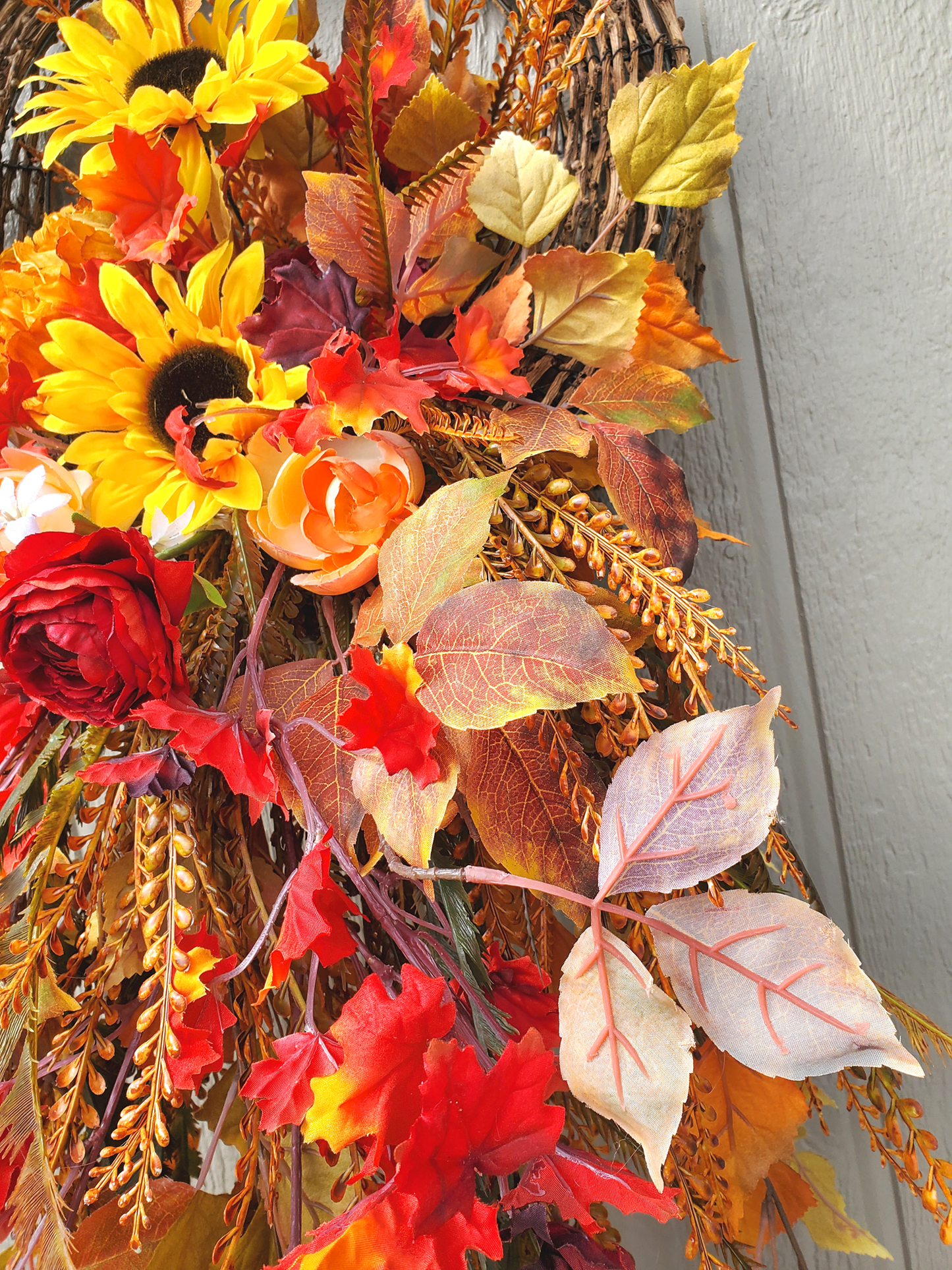 Fall Grapevine Wall Basket with Sunflowers, Fall Foliage, Fall Wall Decor, fall decor home decor Rustic Fall Wall Hanger, Fall Decor