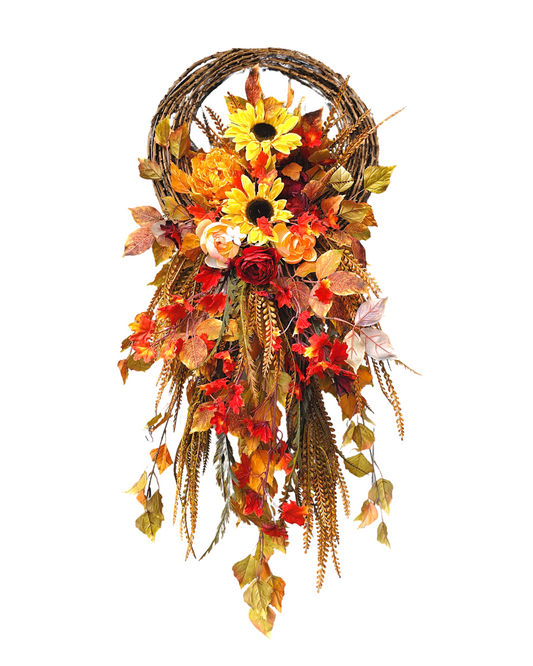 Fall Grapevine Wall Basket with Sunflowers, Fall Foliage, Fall Wall Decor, fall decor home decor Rustic Fall Wall Hanger, Fall Decor