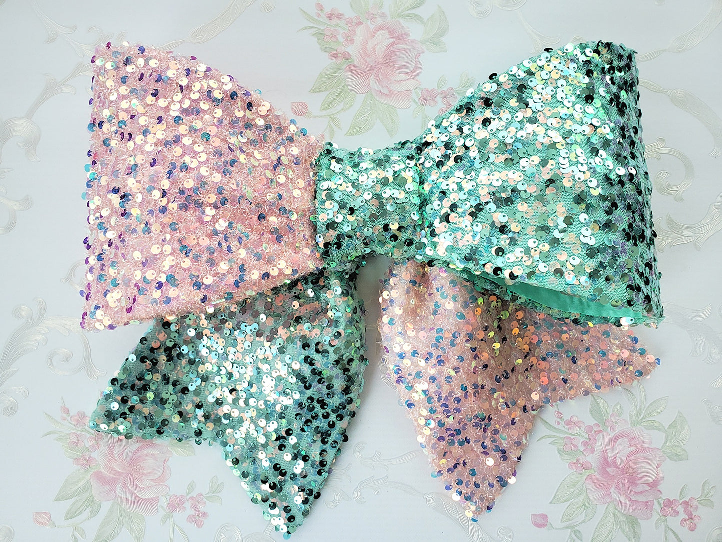 Pink Mint Sequin Wired Fabric Bow