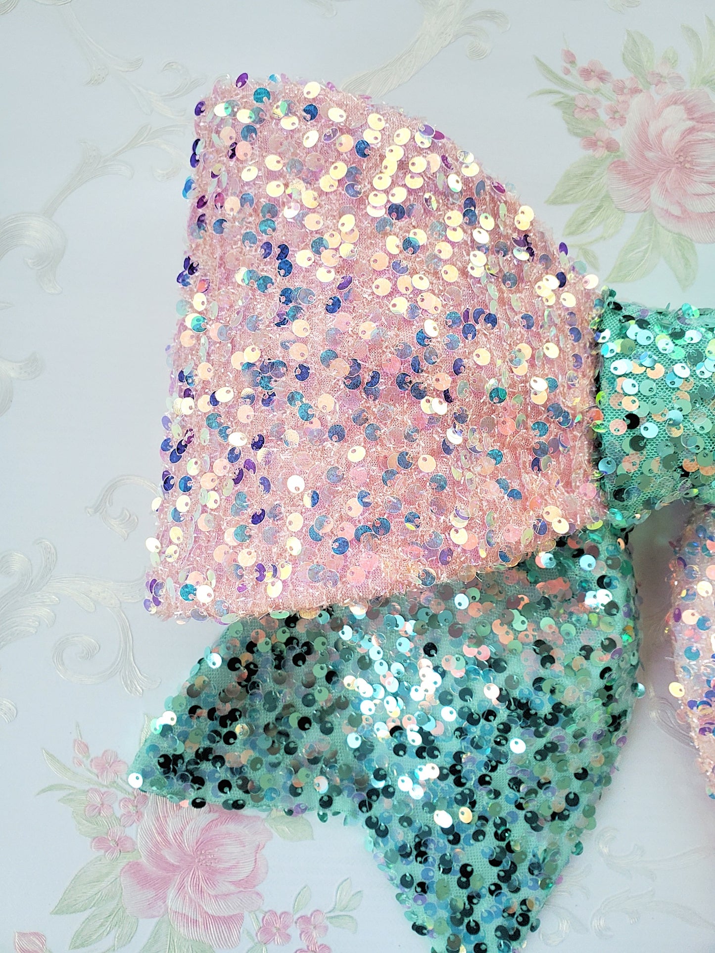 Pink Mint Sequin Wired Fabric Bow