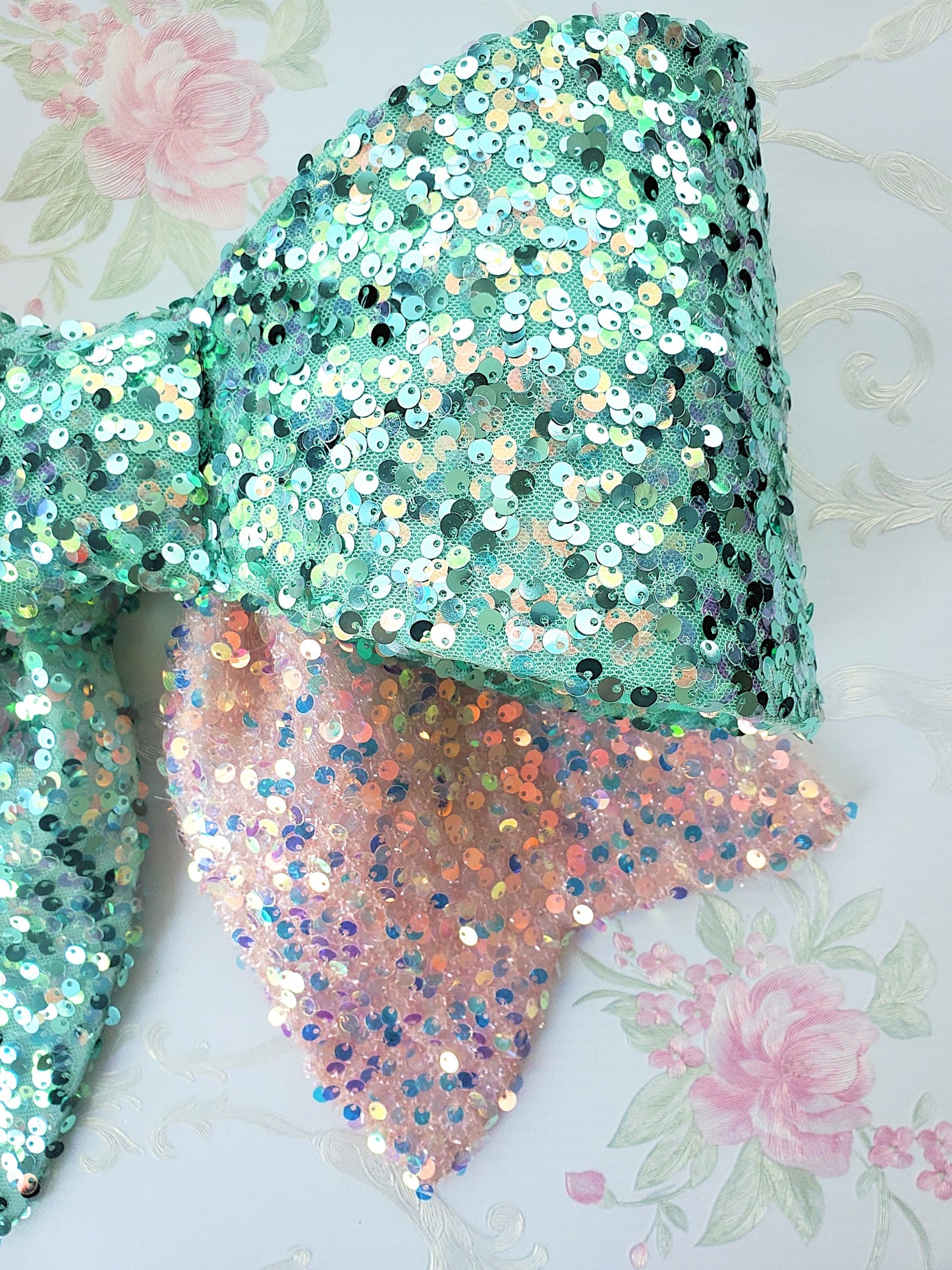 Pink Mint Sequin Wired Fabric Bow