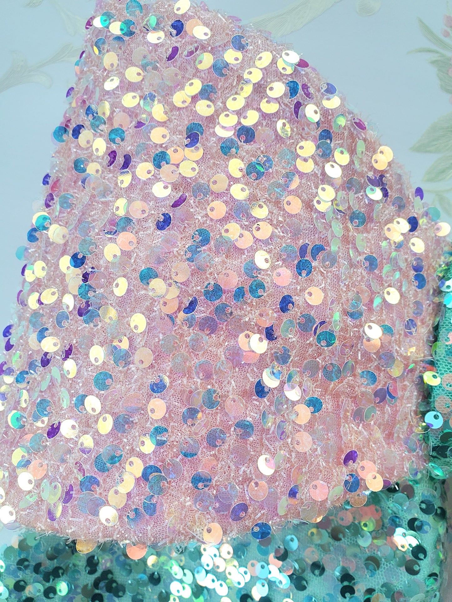 Pink Mint Sequin Wired Fabric Bow