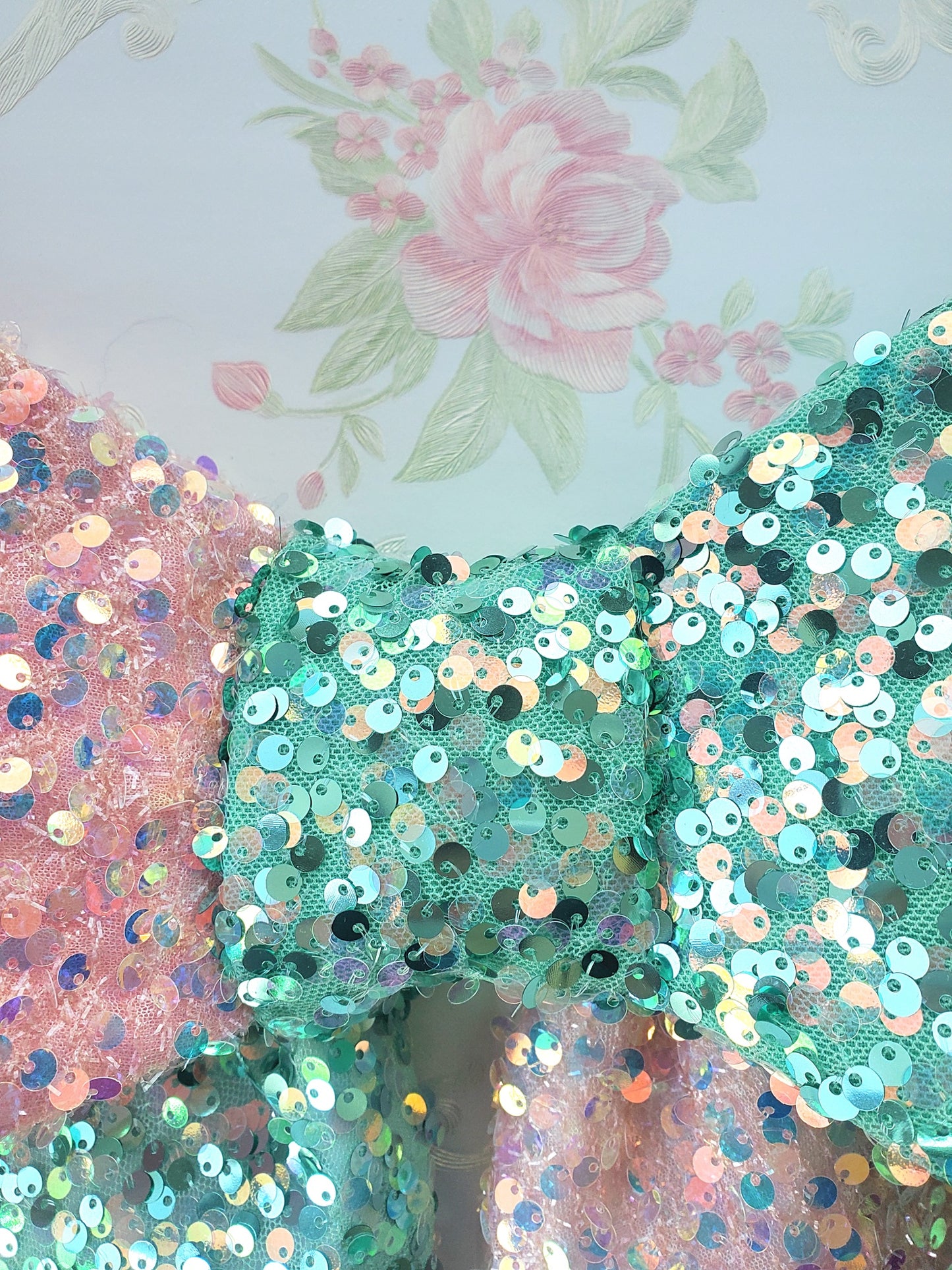 Pink Mint Sequin Wired Fabric Bow