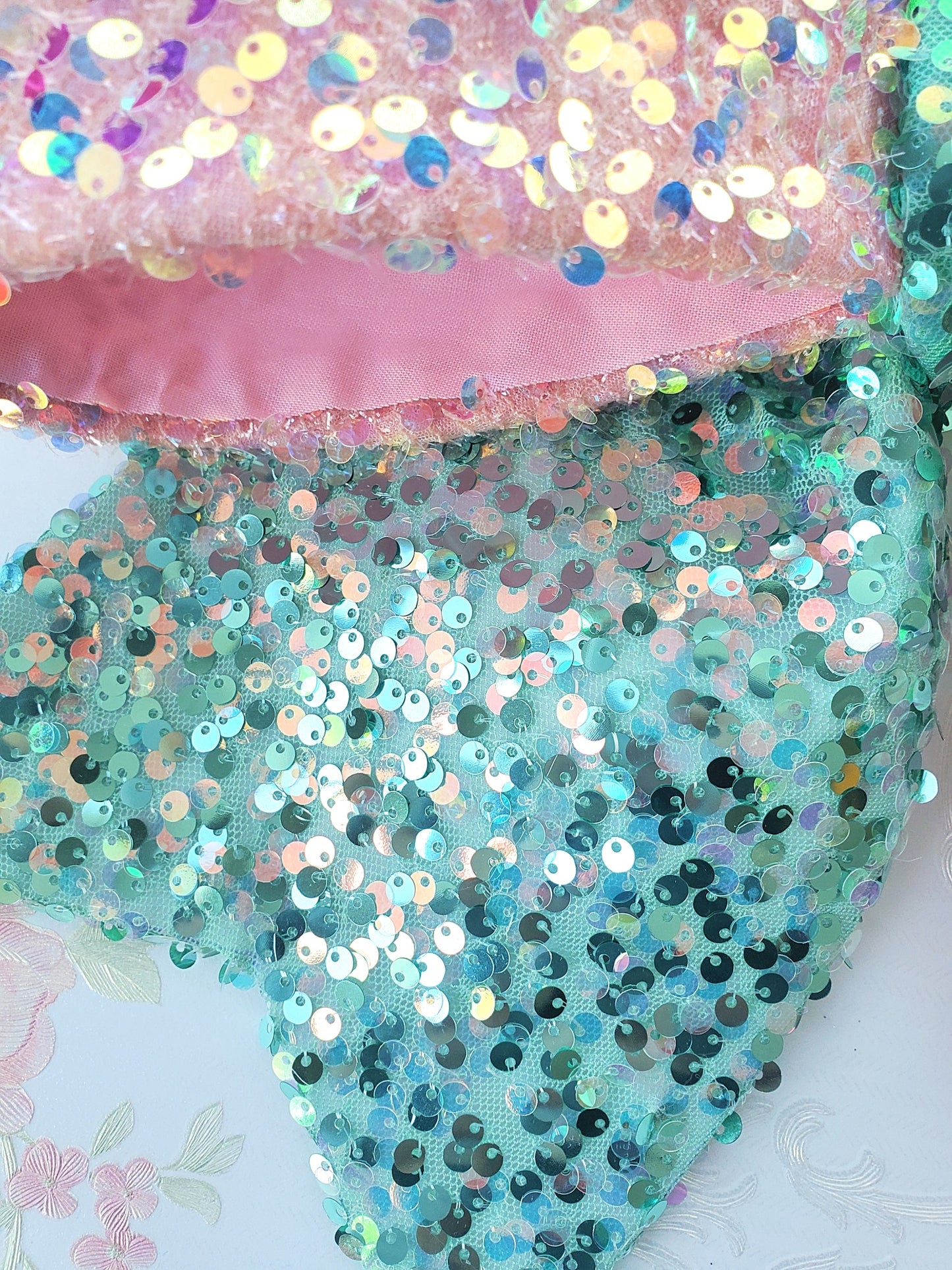 Pink Mint Sequin Wired Fabric Bow