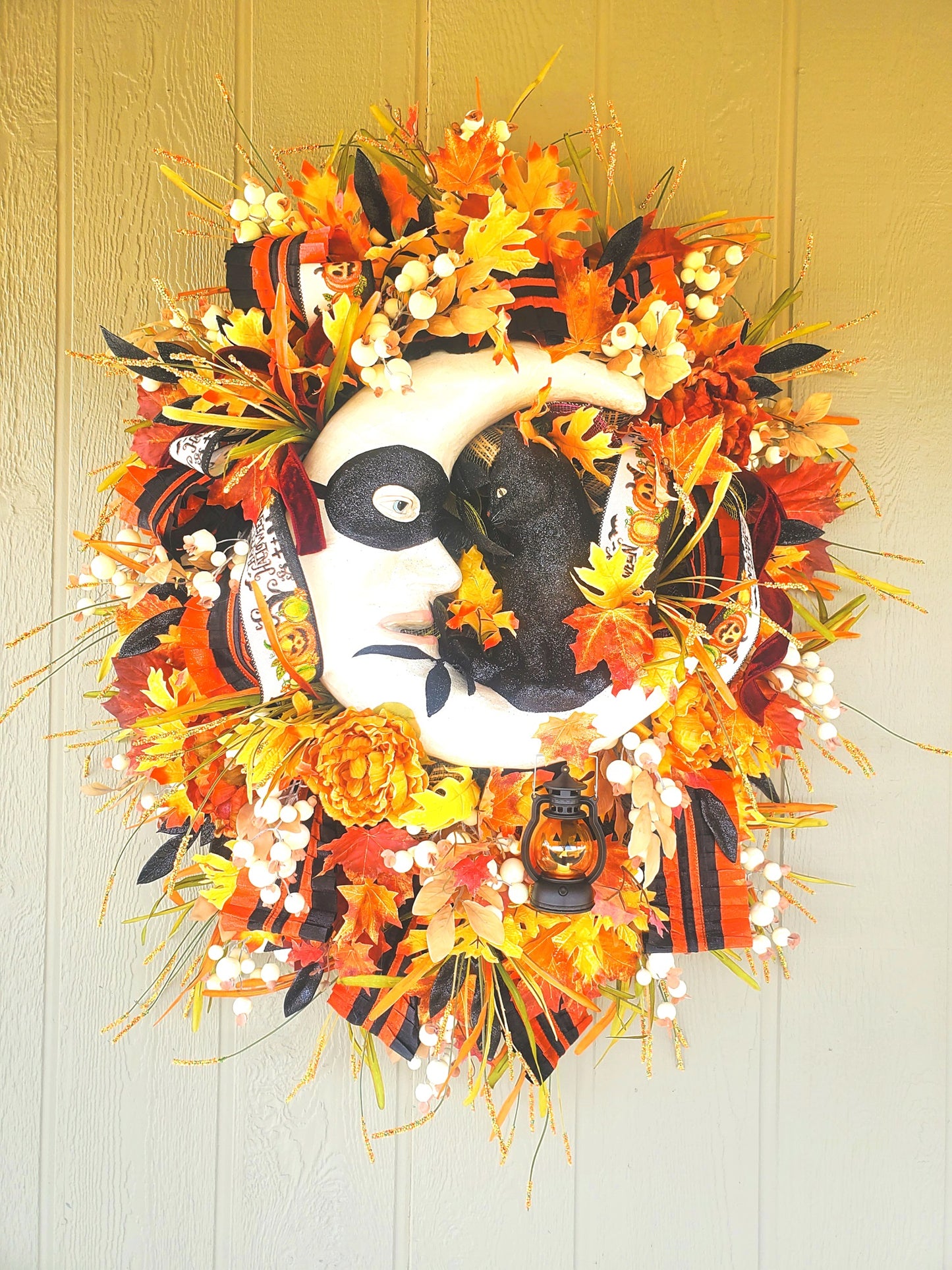 Celestial Moon Cat Floral Halloween Wreath
