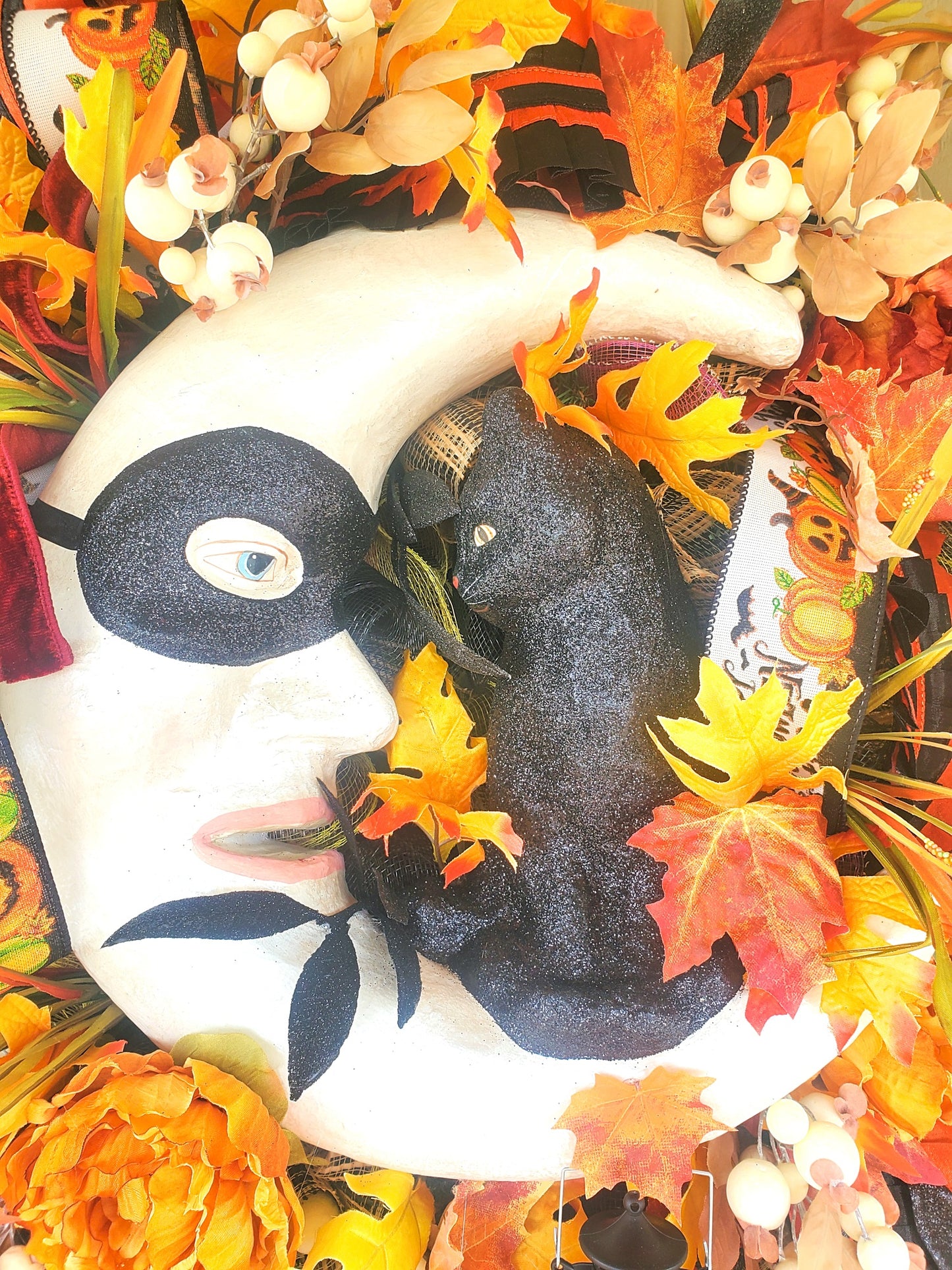 Celestial Moon Cat Floral Halloween Wreath