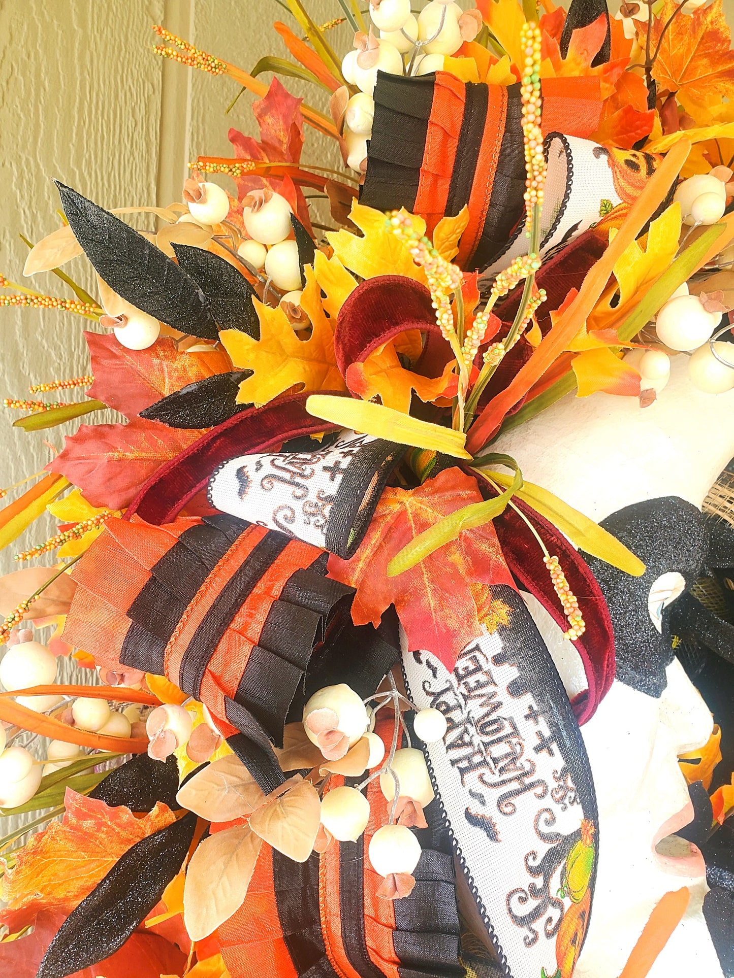 Celestial Moon Cat Floral Halloween Wreath