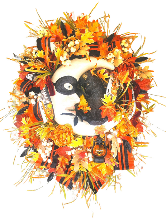 Celestial Moon Cat Floral Halloween Wreath