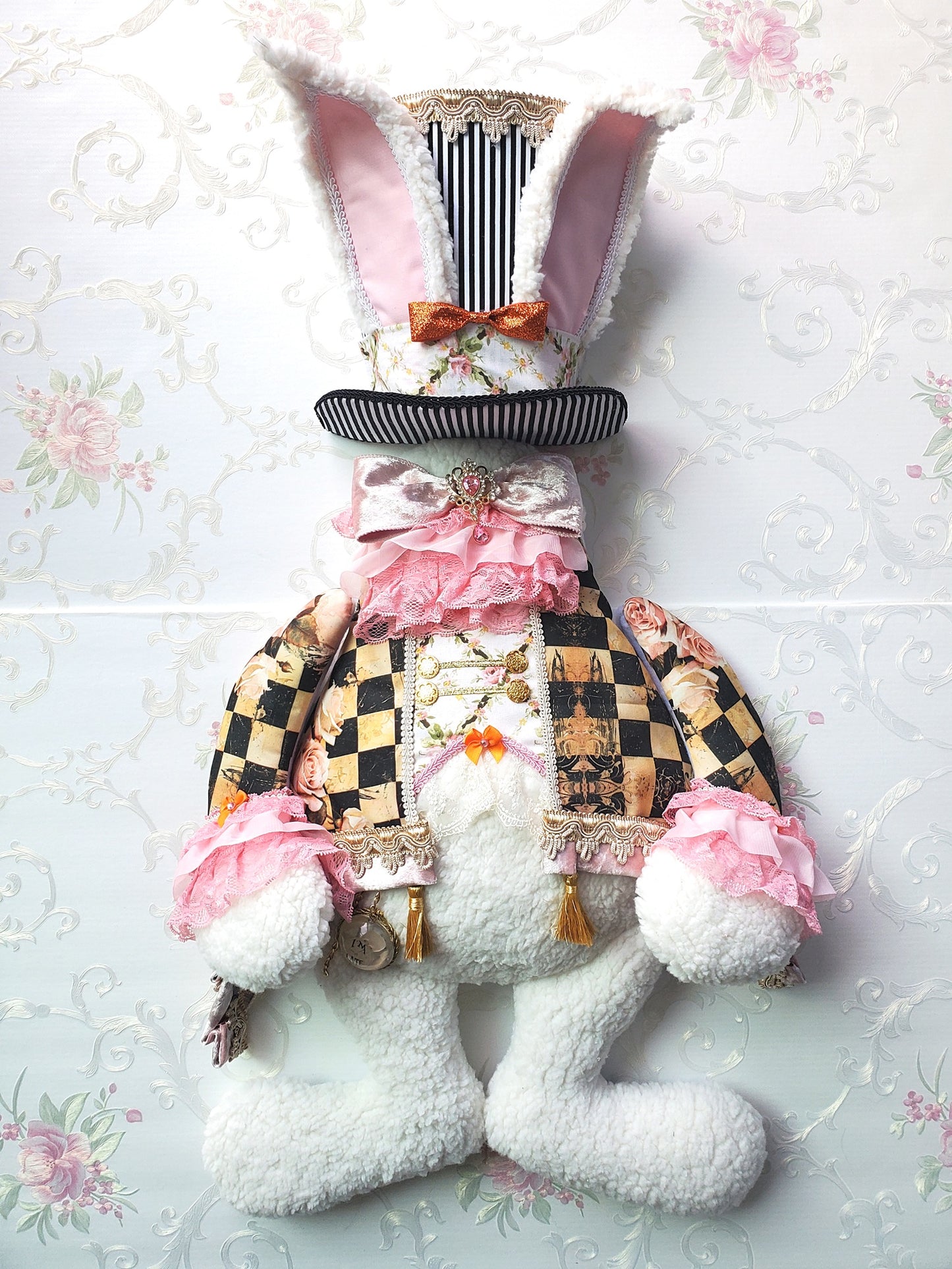 Checkered Pink Victorian Easter Bunny Wreath Attachment