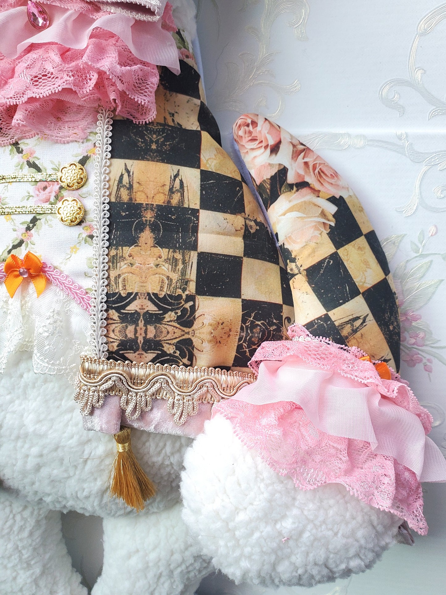 Checkered Pink Victorian Easter Bunny Wreath Attachment