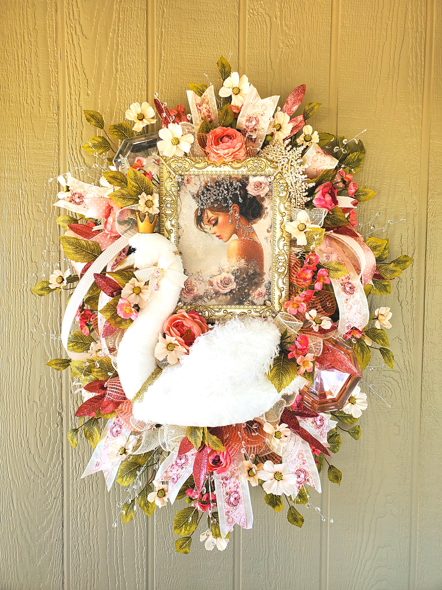 Elegant Swan Princess Wreath with Vintage Portrait, Pink Roses, Pearls, Crown, and Ribbon – Shabby Chic Door or Wall Decor