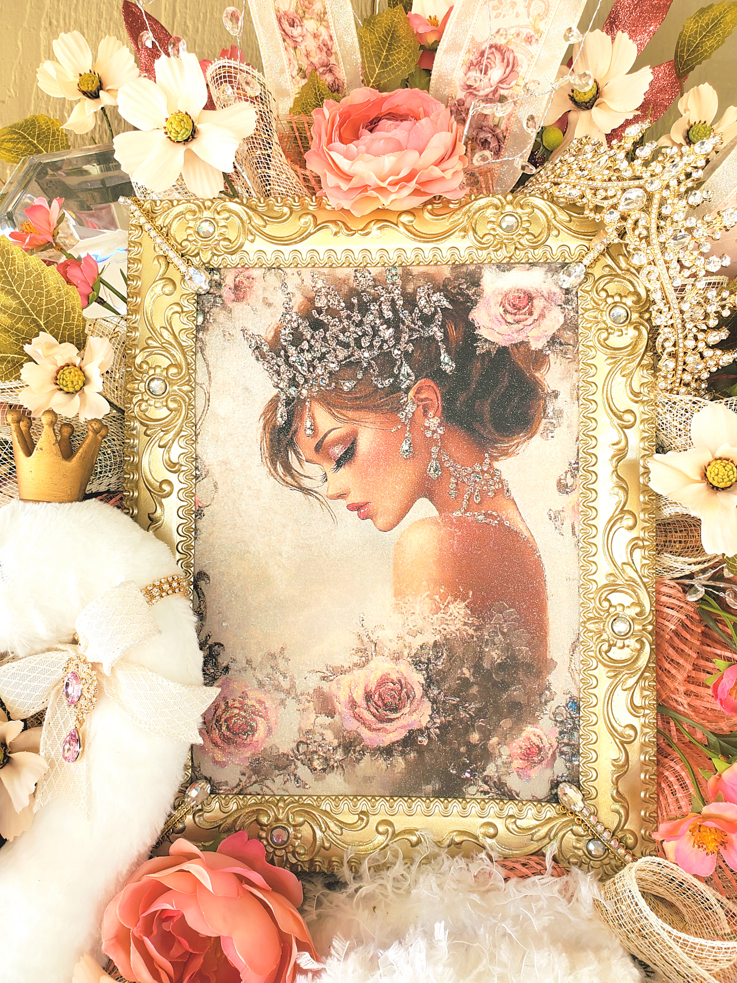 Elegant Swan Princess Wreath with Vintage Portrait, Pink Roses, Pearls, Crown, and Ribbon – Shabby Chic Door or Wall Decor