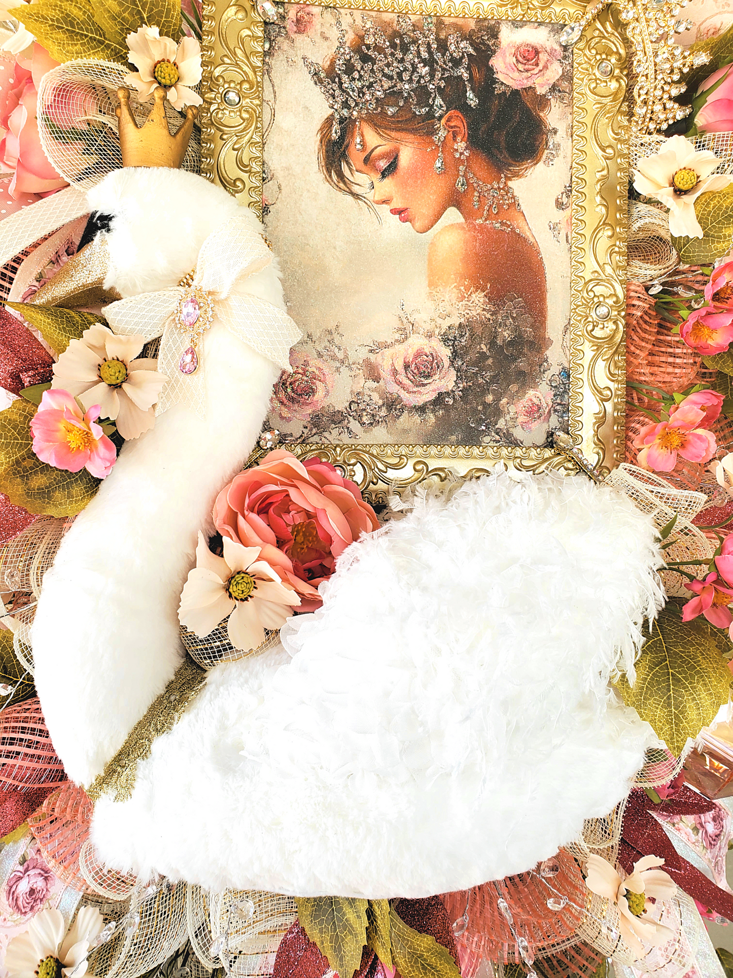 Elegant Swan Princess Wreath with Vintage Portrait, Pink Roses, Pearls, Crown, and Ribbon – Shabby Chic Door or Wall Decor