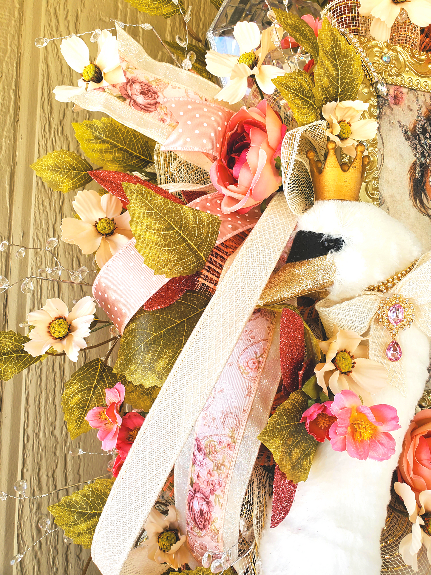 Elegant Swan Princess Wreath with Vintage Portrait, Pink Roses, Pearls, Crown, and Ribbon – Shabby Chic Door or Wall Decor