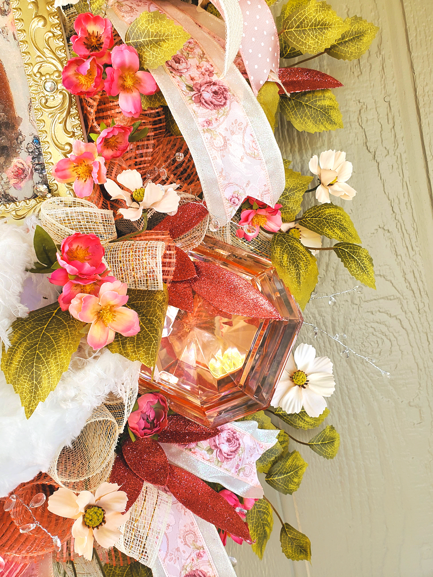 Elegant Swan Princess Wreath with Vintage Portrait, Pink Roses, Pearls, Crown, and Ribbon – Shabby Chic Door or Wall Decor