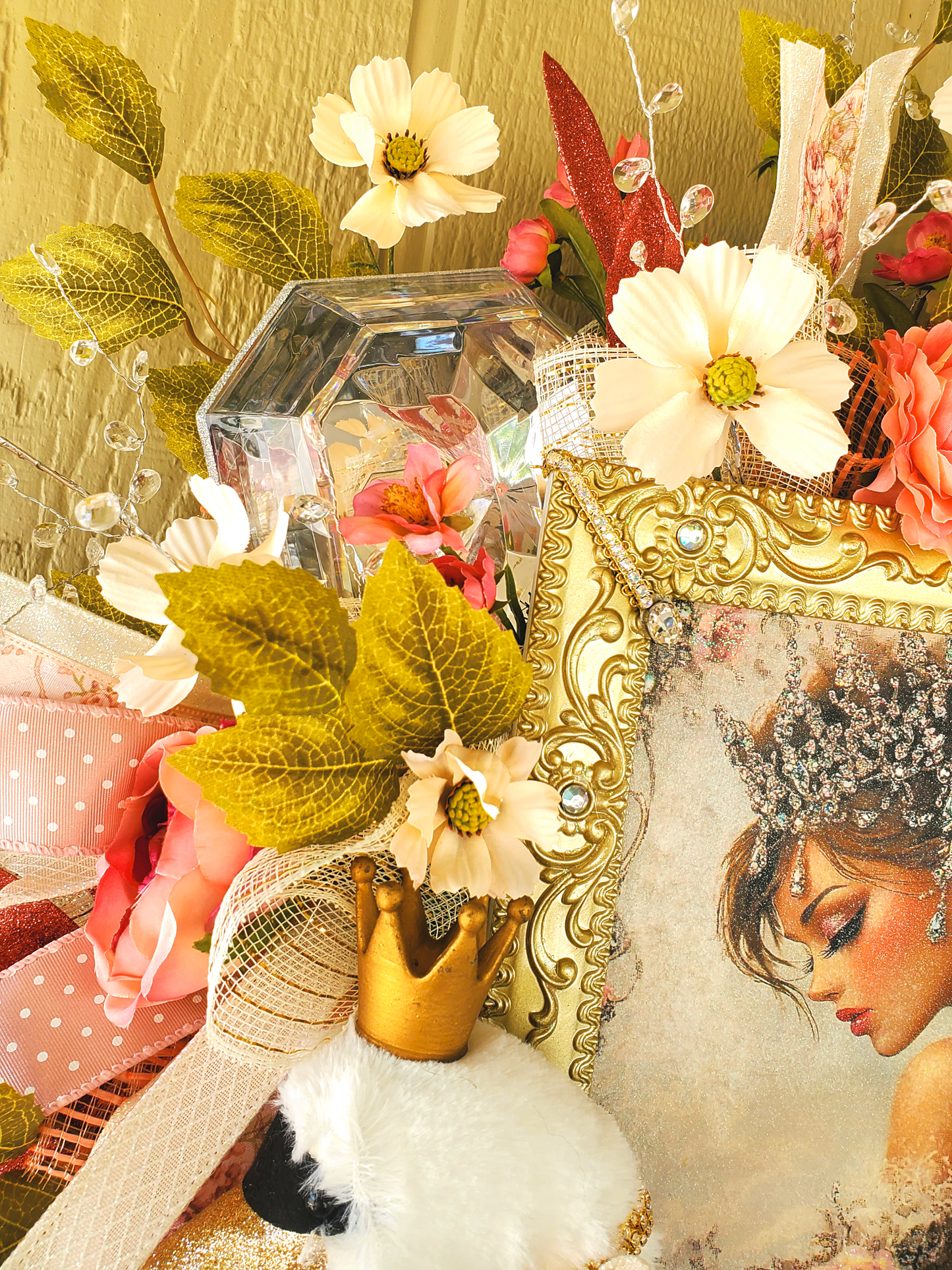 Elegant Swan Princess Wreath with Vintage Portrait, Pink Roses, Pearls, Crown, and Ribbon – Shabby Chic Door or Wall Decor