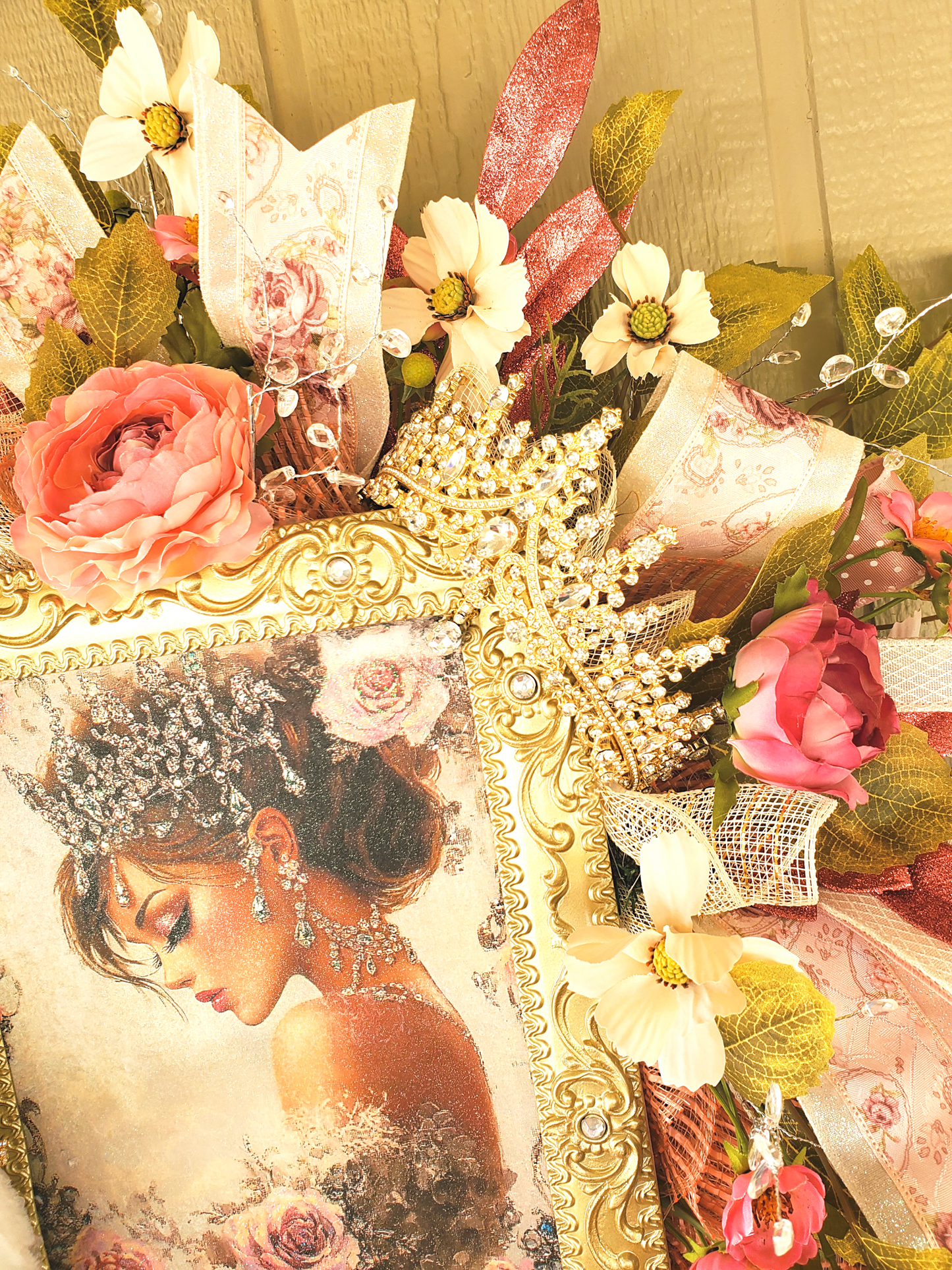 Elegant Swan Princess Wreath with Vintage Portrait, Pink Roses, Pearls, Crown, and Ribbon – Shabby Chic Door or Wall Decor