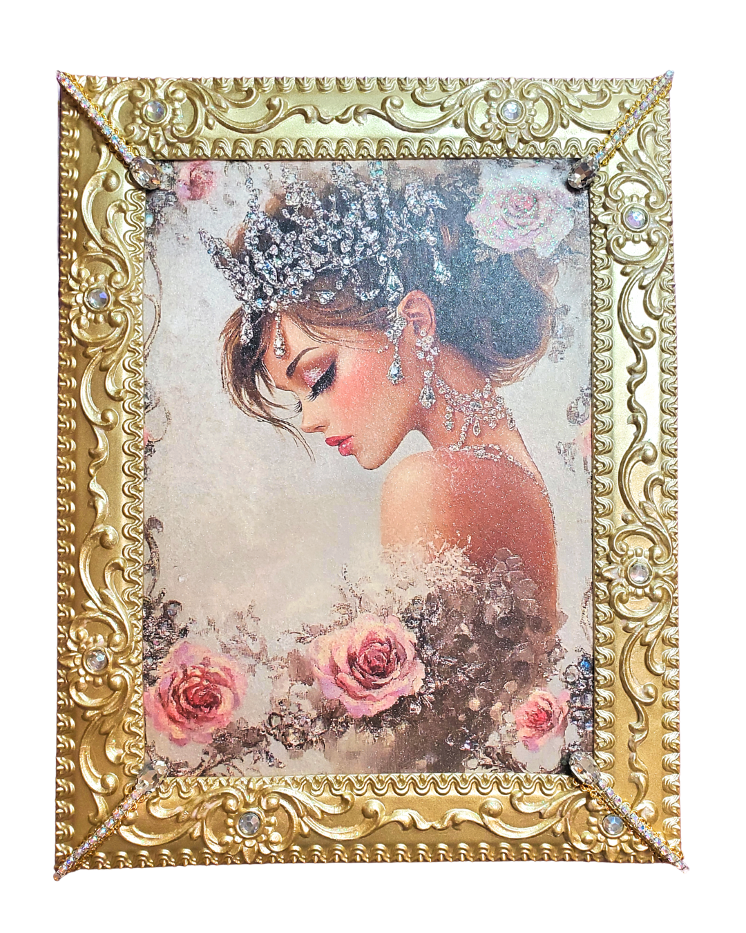 Elegant Swan Princess Wreath with Vintage Portrait, Pink Roses, Pearls, Crown, and Ribbon – Shabby Chic Door or Wall Decor