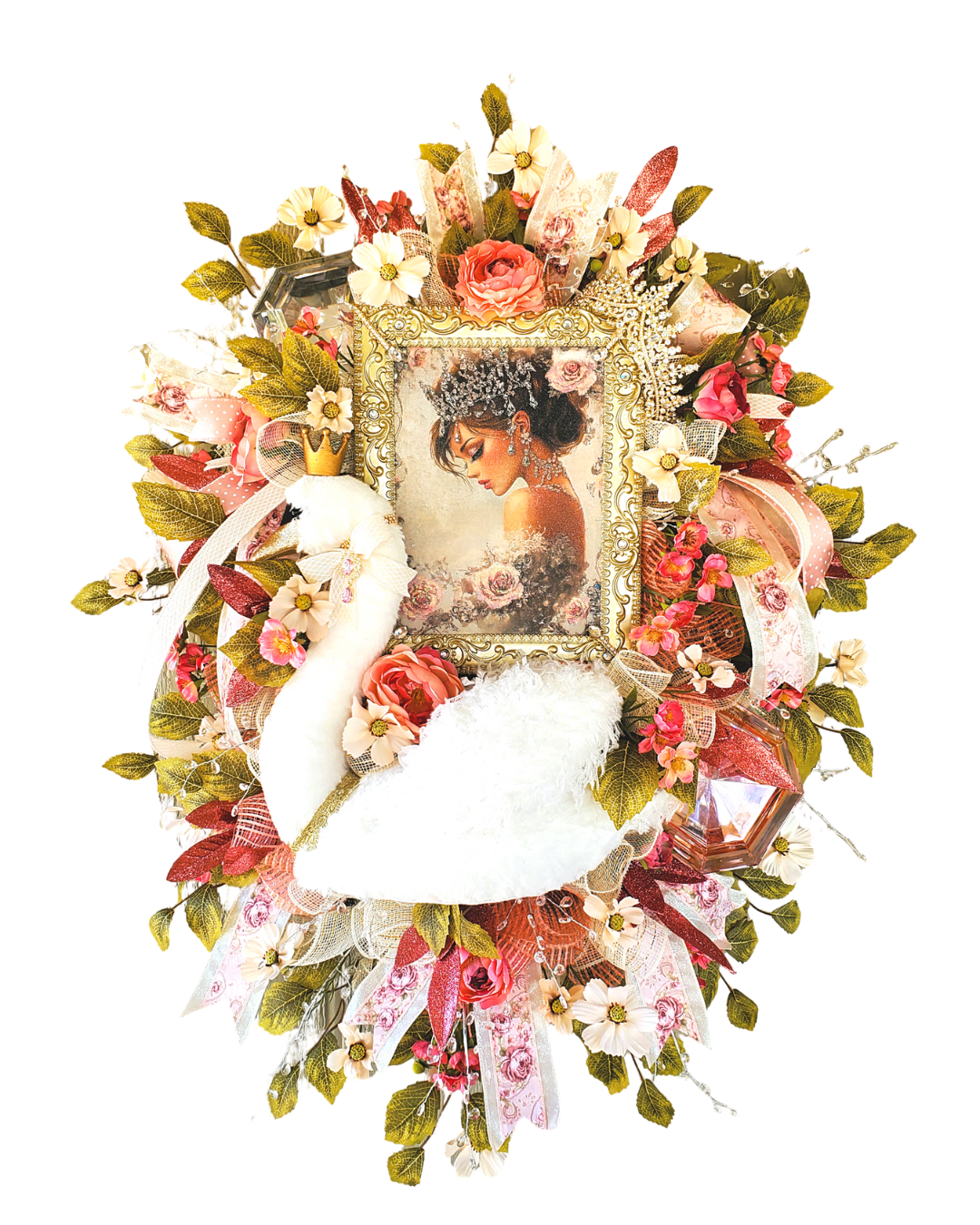 Elegant Swan Princess Wreath with Vintage Portrait, Pink Roses, Pearls, Crown, and Ribbon – Shabby Chic Door or Wall Decor