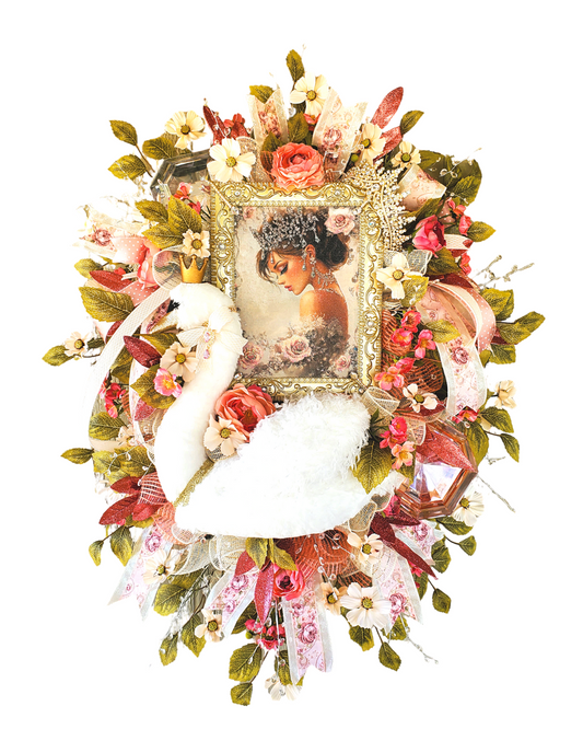 Elegant Swan Princess Wreath with Vintage Portrait, Pink Roses, Pearls, Crown, and Ribbon – Shabby Chic Door or Wall Decor